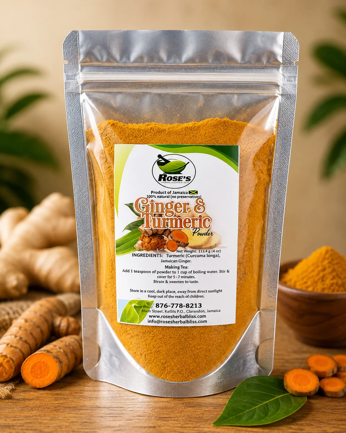Rose's Herbal Bliss Ginger and Turmeric Powder 4oz, natural Jamaican product