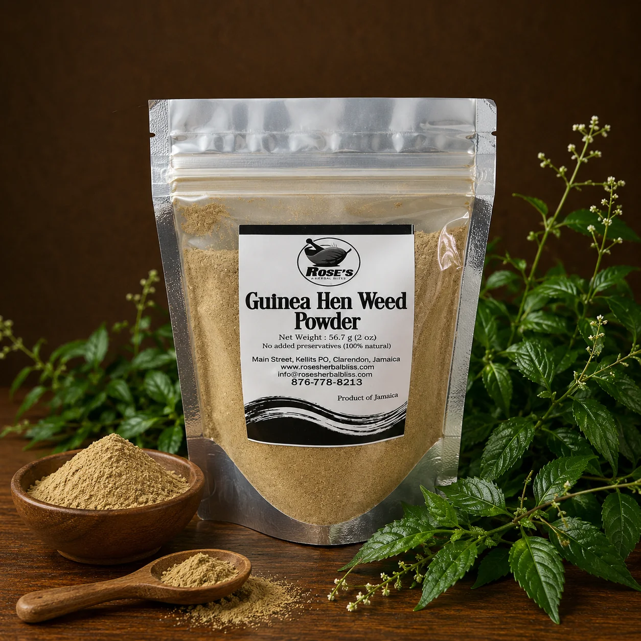Rose's Herbal Bliss Guinea Hen Weed Powder 2oz, natural Jamaican product