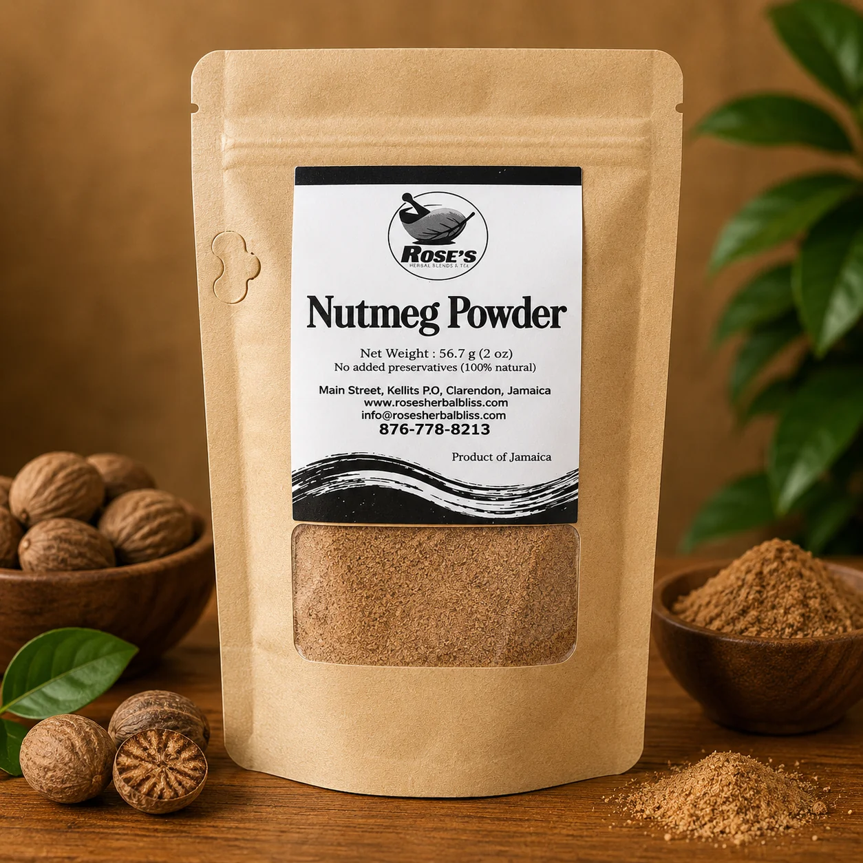 Rose's Herbal Bliss Nutmeg Powder 2oz, natural Jamaican product